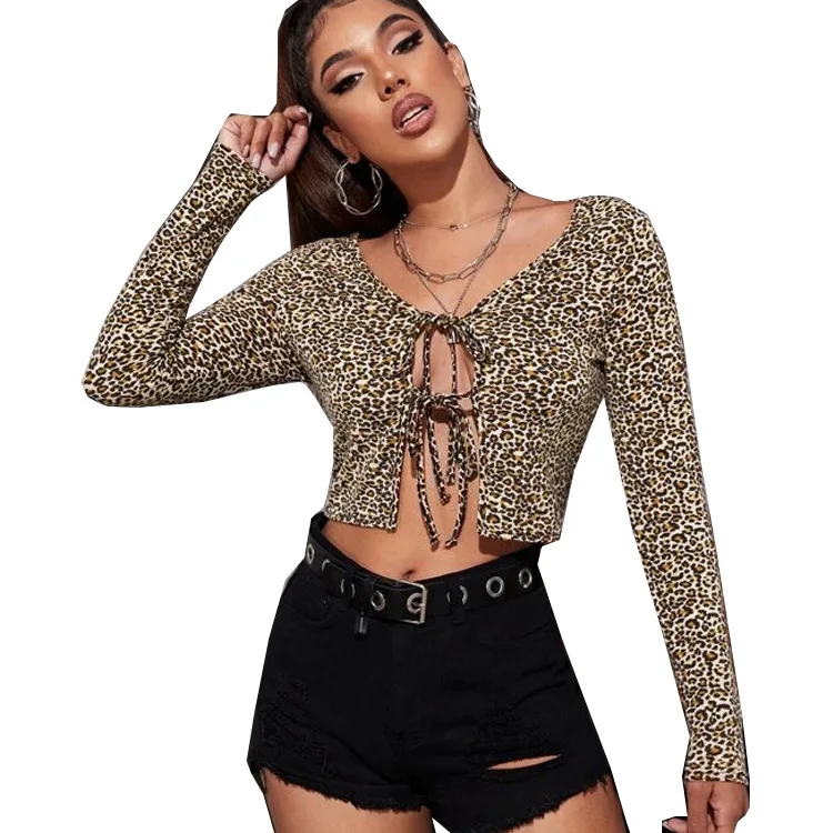 

Summer Ladies Leopard Print Shirt 2021 Fashion All-match Loose Cardigan Short V-neck Long Sleeve Slim Street Style Pullover