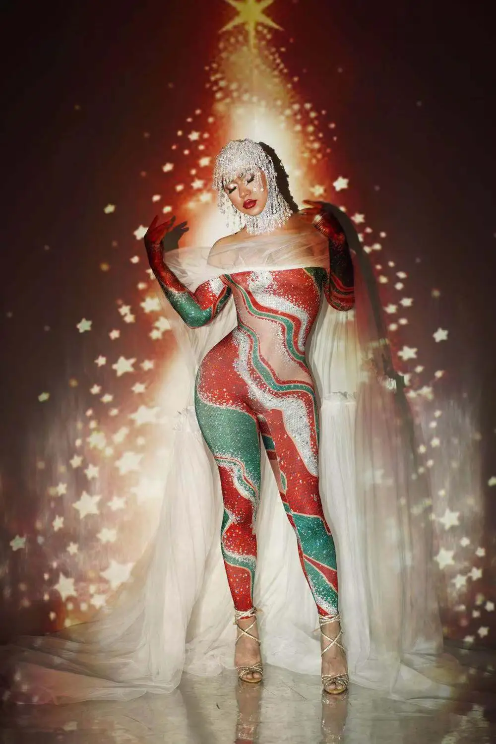 Christmas Sexy Women Skinny Red Green Rhinestone Tube Top Long Sleeves Jumpsuits with Hat Party Prom Women Performance Costumes