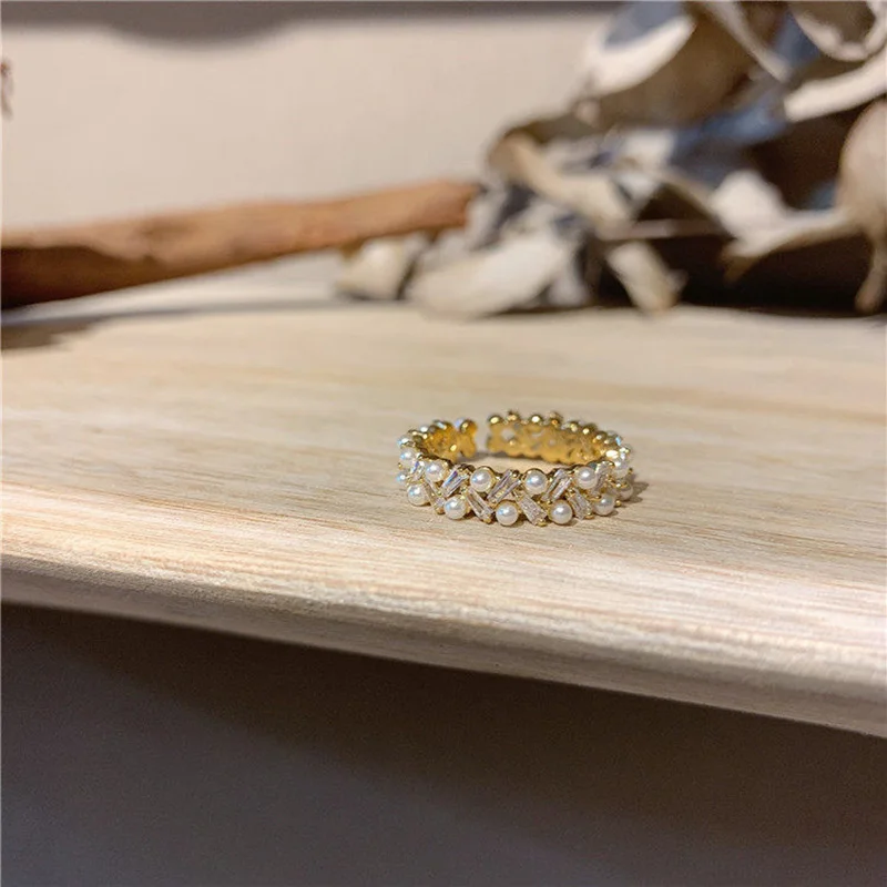 

Fair Ring 14k Gold Plated Handmade Pearl Zircon Paved Rings for Women Bride Wedding Sweet Cute Pearl Index Finger Ring