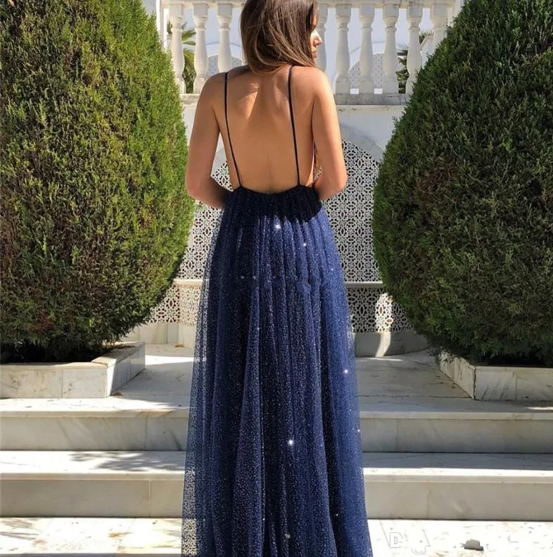 Luxury Sparkly Prom Dresses 2020 Spaghetti Backless Sweep Train Special Occasion Dress Sequin Formal Party Evening Gowns Cheap