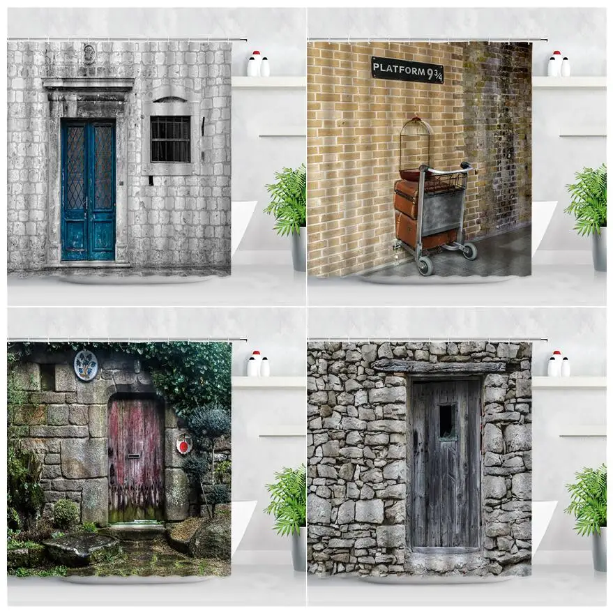 

Занавеска для душа в ретро-стиле, деревянная винтажная штора с рисунком деревенской старой двери, кирпичной стены, зеленых растений, декора...