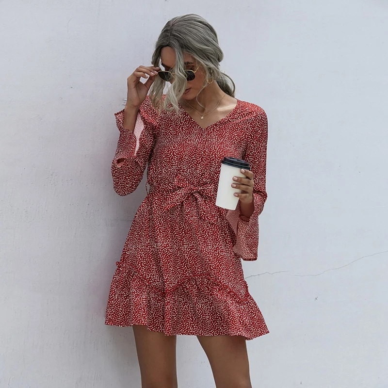 

Boho Mini Dress Women Ladies Sexy Ruffle Printed Long Sleeve V-Neck Party Dresses with Belt Sundress