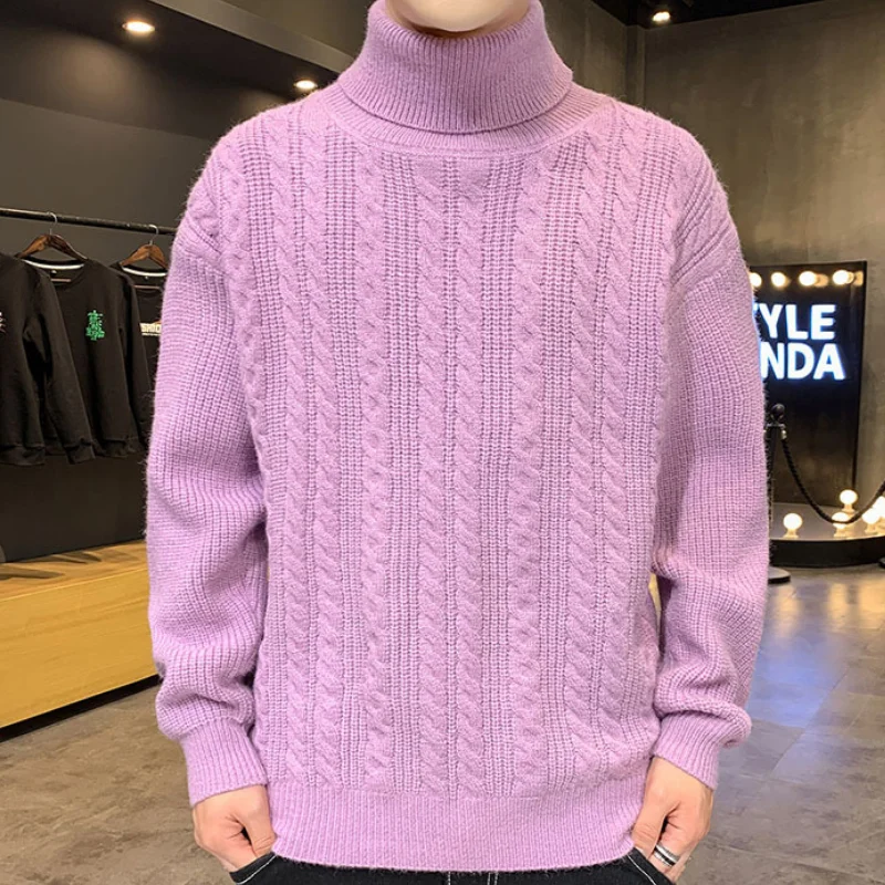 

Simple autumn and winter men's comfortable twist high neck knit warmth soft solid color casual loose loose sweater