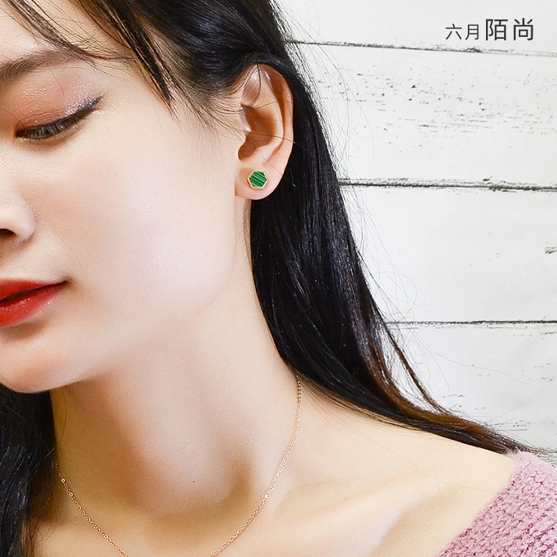 

2020 New Arrival Hexagon Stud Earrings With Green Shell Korean Style Gold Color Stainless Steel Jewelry Ear Aretes For Women