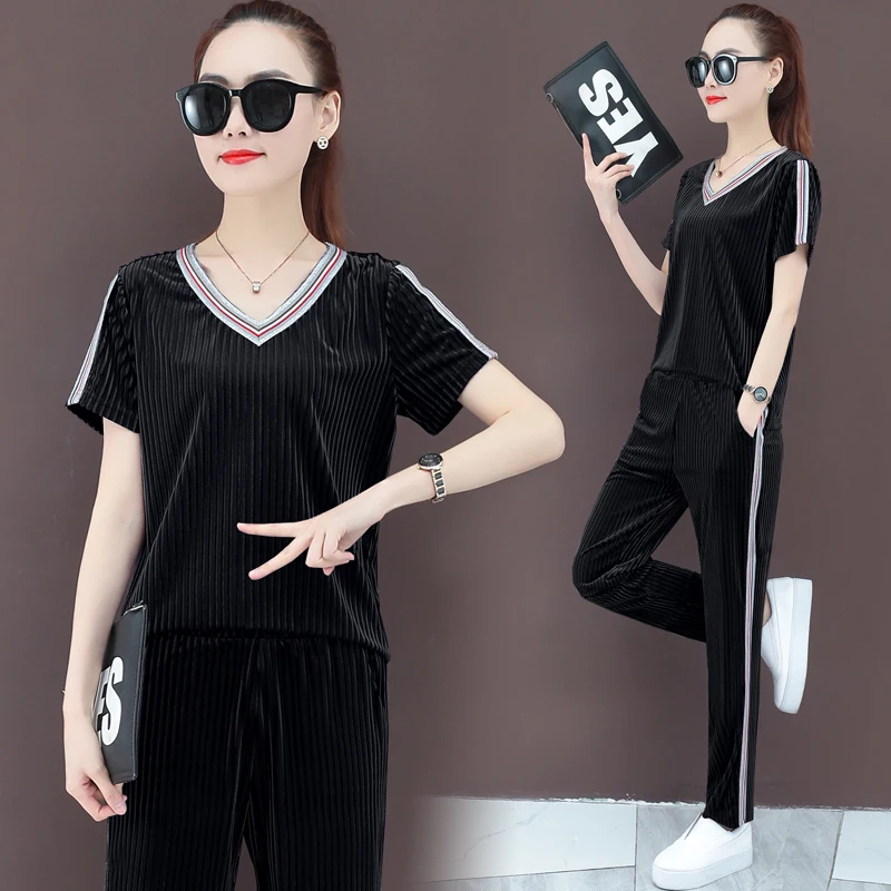 Бархатный спортивный костюм для женщин летняя мода большие размеры рубашки с