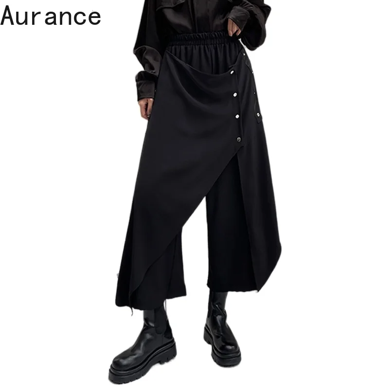 

[Aurance]Women Korean High Elastic Waist Black Irregular Button Wide Leg Trousers New Loose Fit Pants Fashion Spring Autumn 2021