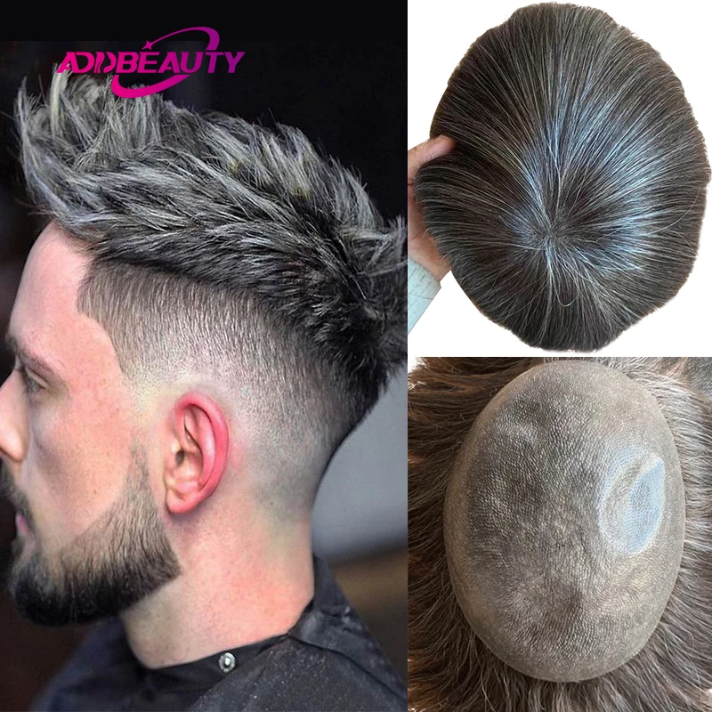 

Vloop Male Hair Prosthesis Thin Skin 0.04-0.06cm Human Hair Wig Straight Wave Men Toupee Indian Human Hair System With Grey Hair