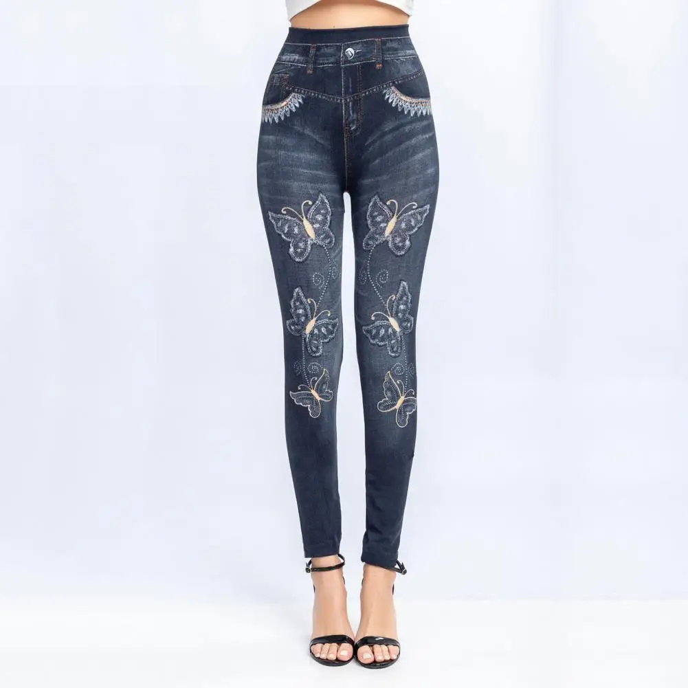 Fake Jeans Butterfly Print Stretchy Women Ankle Length Butt Lift Trousers for Dating summer wonen pants  Women's Clothing