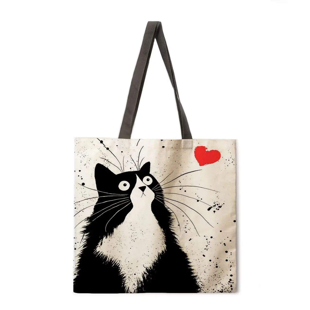 

Black and white cat print handbag ladies linen bag shoulder bag outdoor leisure handbag foldable shopping bag handbag