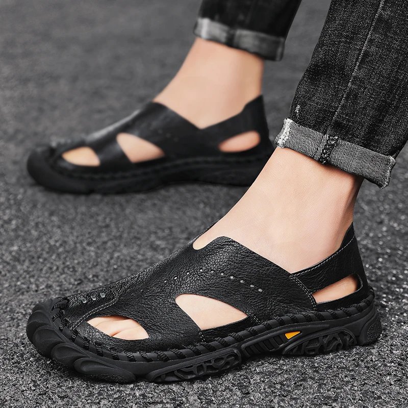 

Сандалии мужские из натуральной кожи, дышащие пляжные босоножки, Повседневная модная обувь, большие размеры, лето