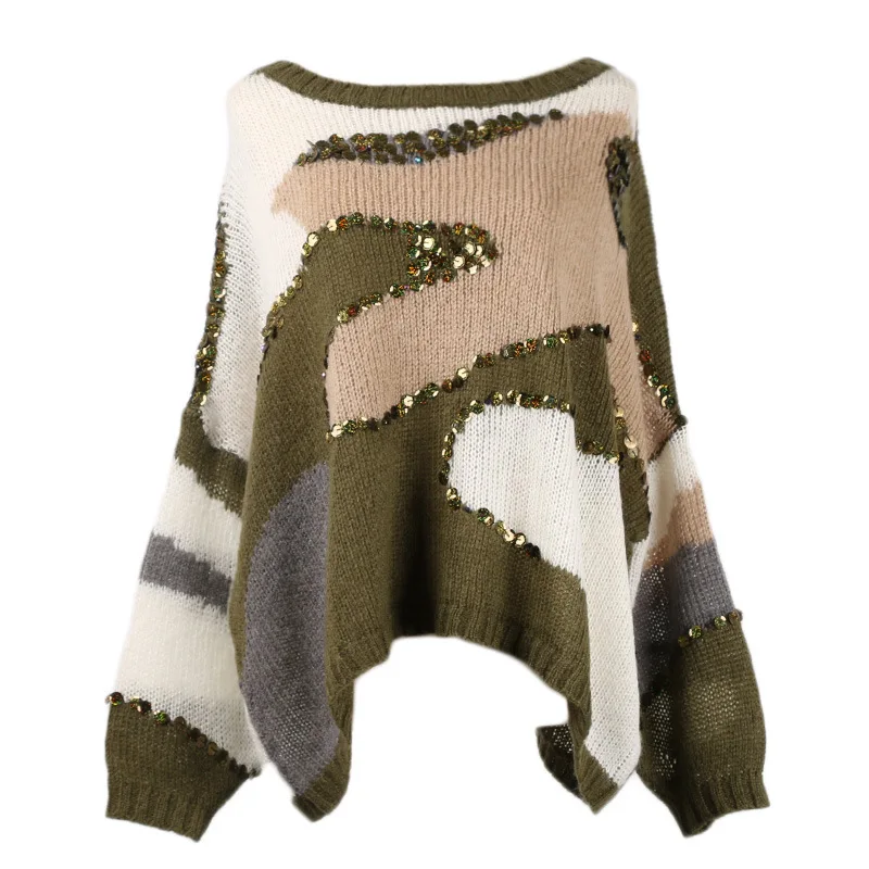 Новинка Осень 2019 Европейская станция тяжелый пуловер с блестками и круглым