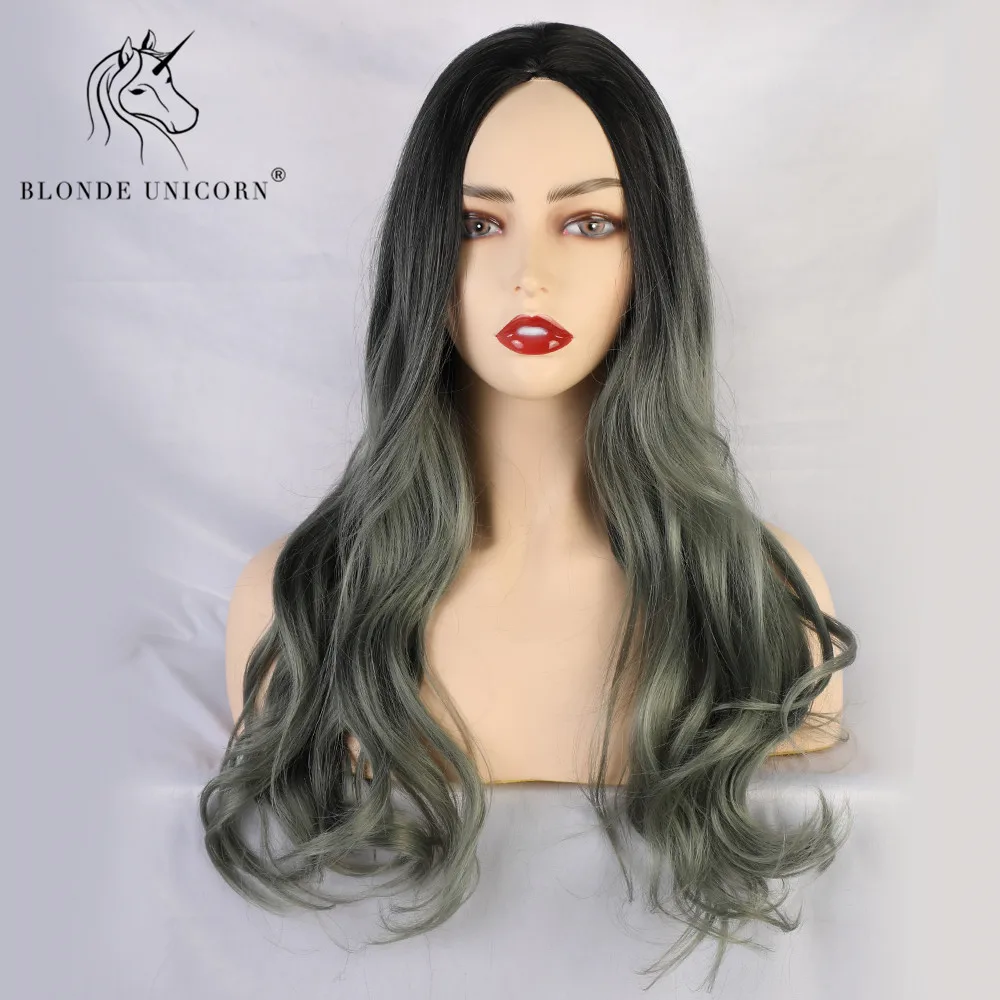 Парики из искусственных волос без шапочки основы длиный волнистый зеленый парик