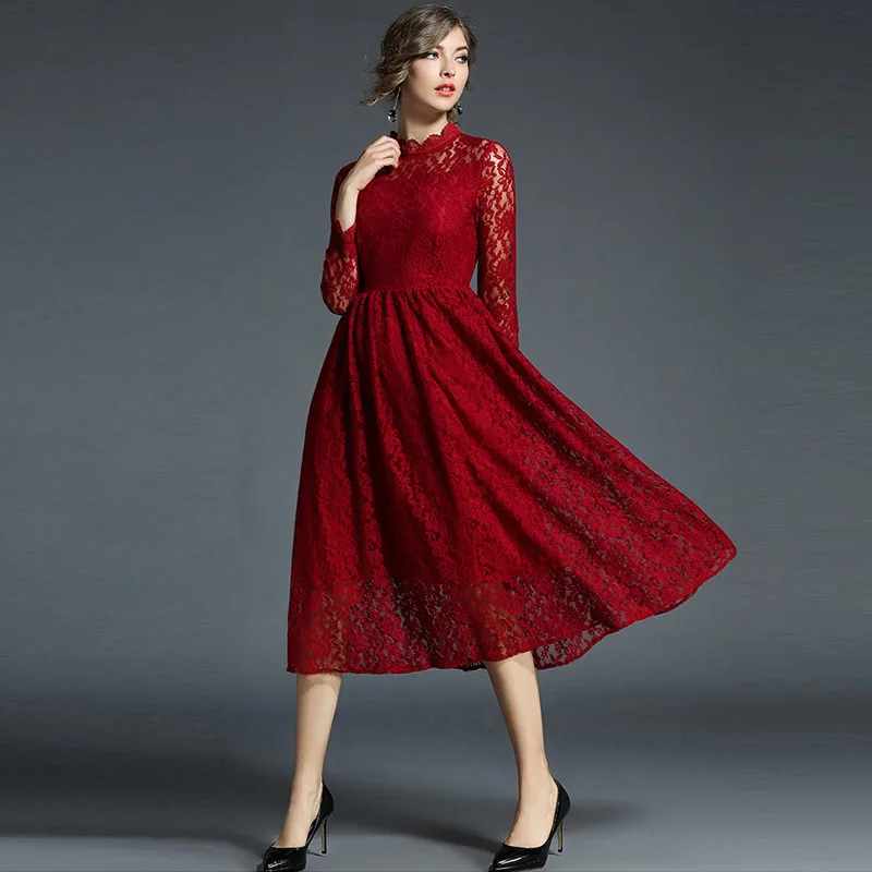 Women Vintage Lace Medium Long Party Dress Women's Spring Autumn Elegant Stand Collar Casual Dresses Red High Waist Vestidos | Женская