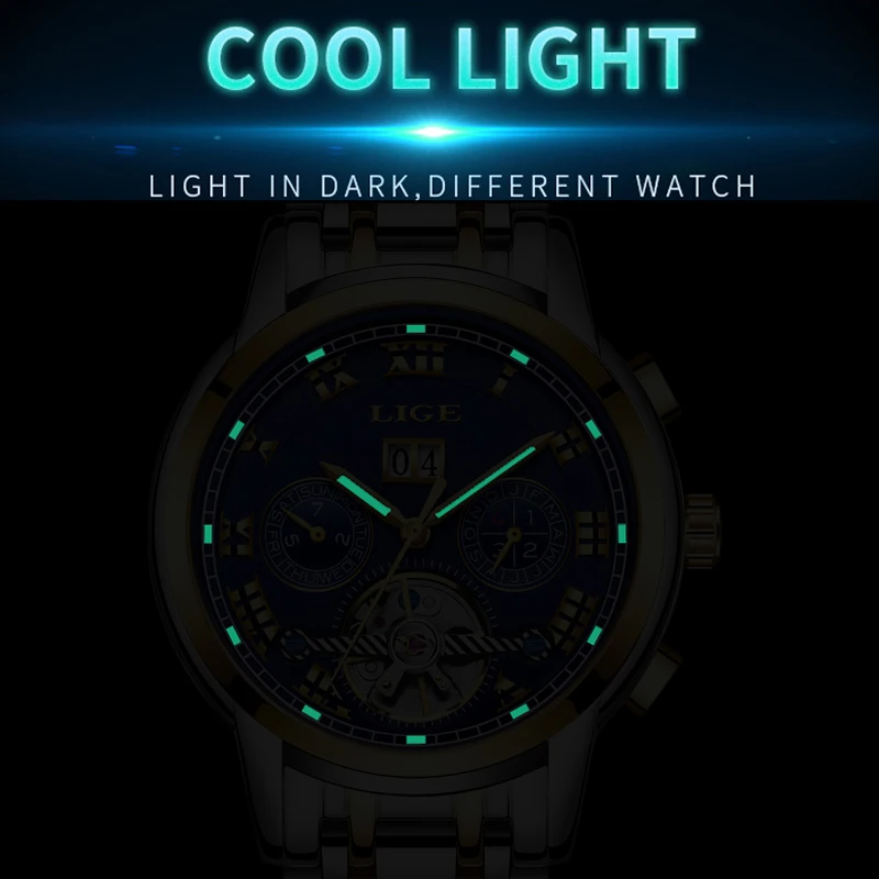 Часы наручные LIGE Мужские автоматические брендовые Роскошные деловые