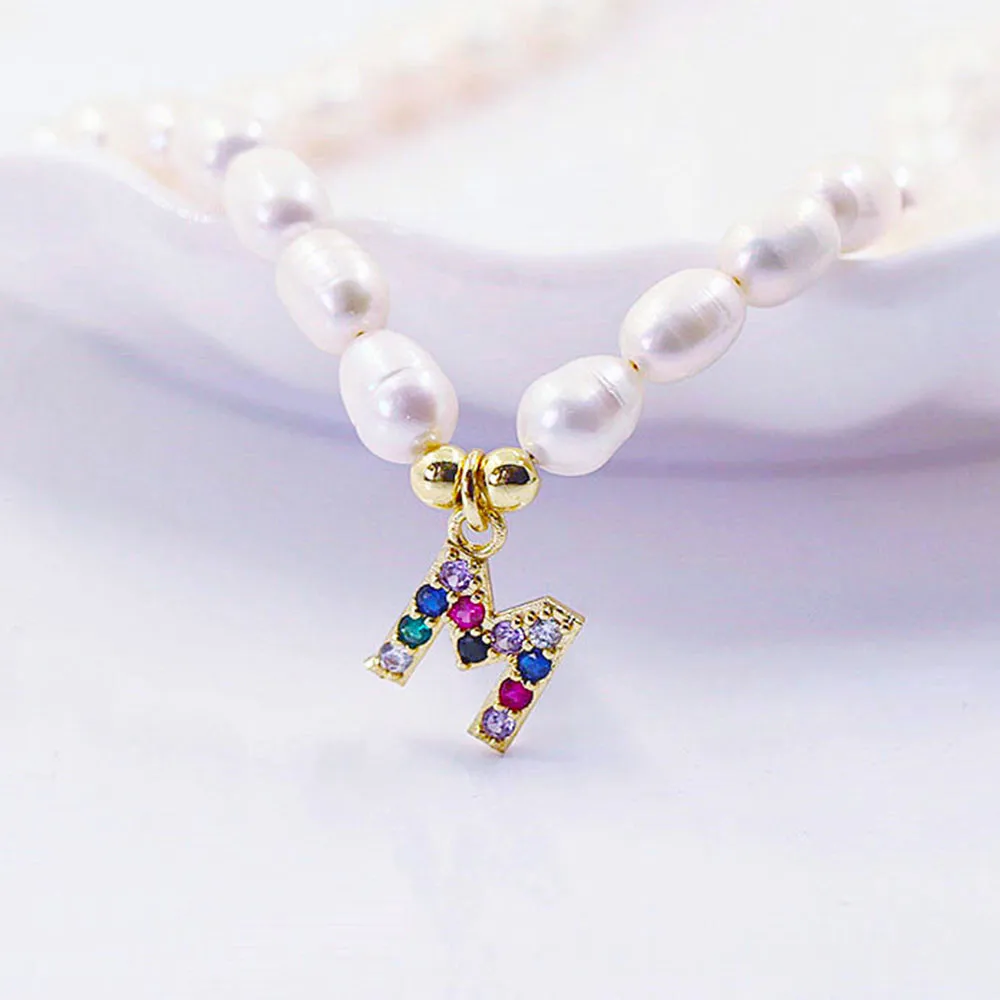 

Fashion Natural Freshwater Pearl Letter Choker Necklace/Bracelet Women Baroque Pearl Initial 26 Alphabet Name Pendant Jewelry