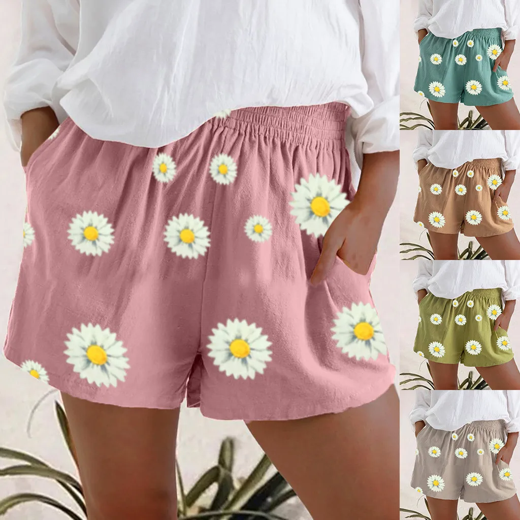 

Women Summer Shorts Casual Daisy Print Elastic Waist Linen Pockets Shorts For Women