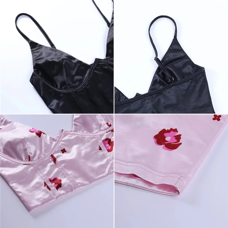 

Summer V Neck Satin Corset tight bosom foreground summer Tops flower printing clothing