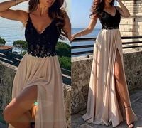 sexy top lace prom dress 2022 spaghetti strap beads appliques split front evening party gown robe de soiree vestidos hot