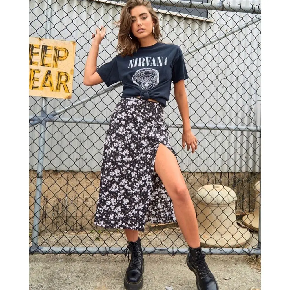 

Women Summer Leopard Print Skirts Casual High Waist Elastic Slit Long A-Line Skirt Long Skirt Sexy Floral Loose Lady Clothes
