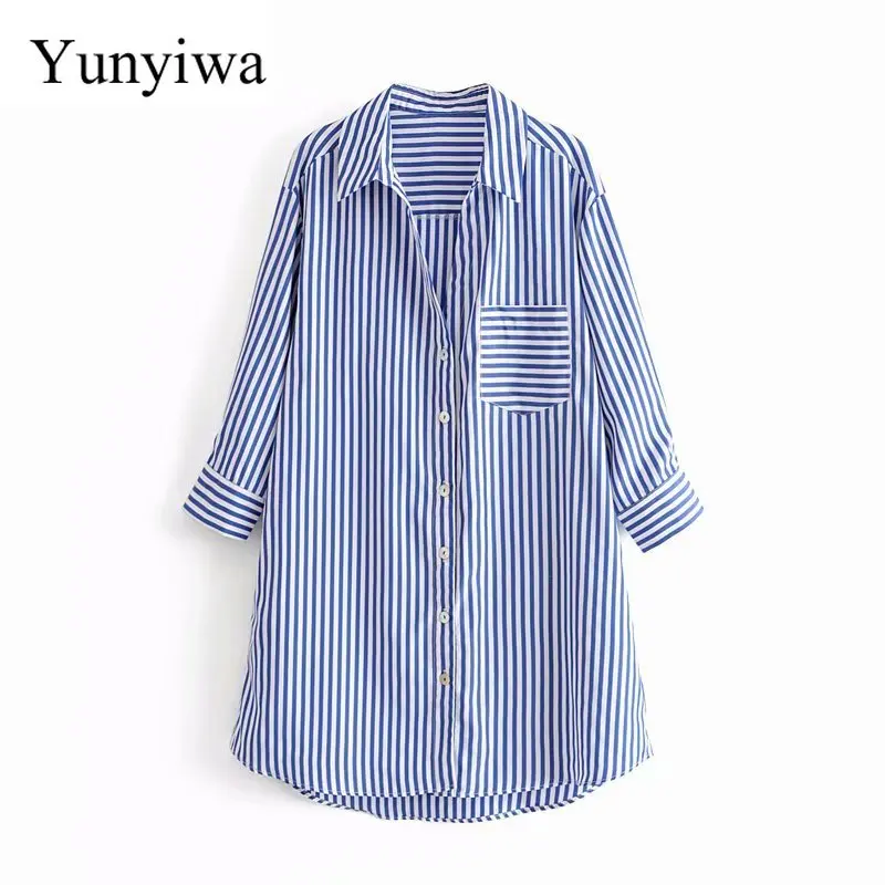 Новинка 2020 женское винтажное платье-рубашка в полоску повседневное прямое