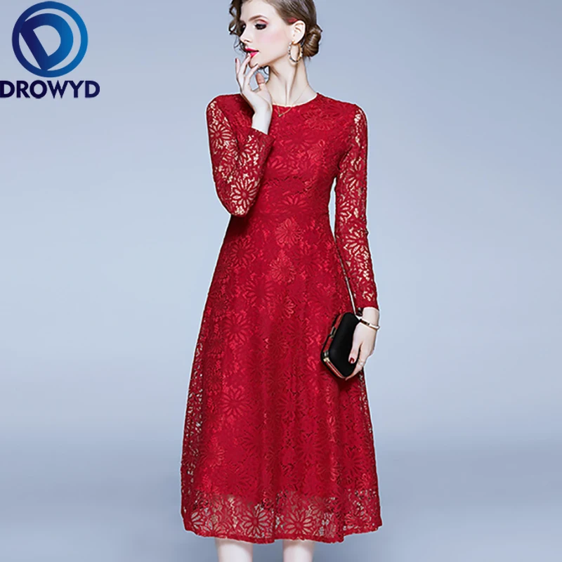 Винтажное Черное Кружевное Платье миди DROWYD повседневное модное женское платье в