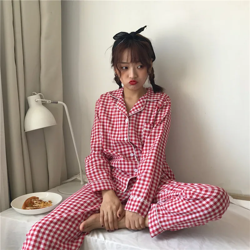 2019 Осенняя хлопковая клетчатая женская пижама топы с длинными рукавами + длинные