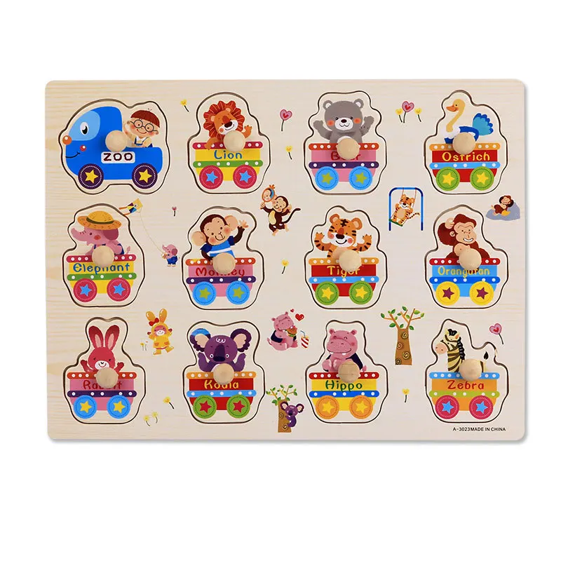 

Montessori Wooden Puzzles Hand Grab Boards Toys Tangram Jigsaw Baby Educational Toys Cartoon Vehicle Animals 3D Puzzles D0144H