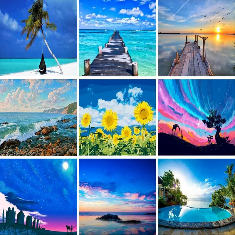 

GATYZTORY DIY Oil Painting By Numbers Kits For Adults Blue Sea Blue Sky Paint By Number HandPainted 50x65cm Frame Wall Art Craft
