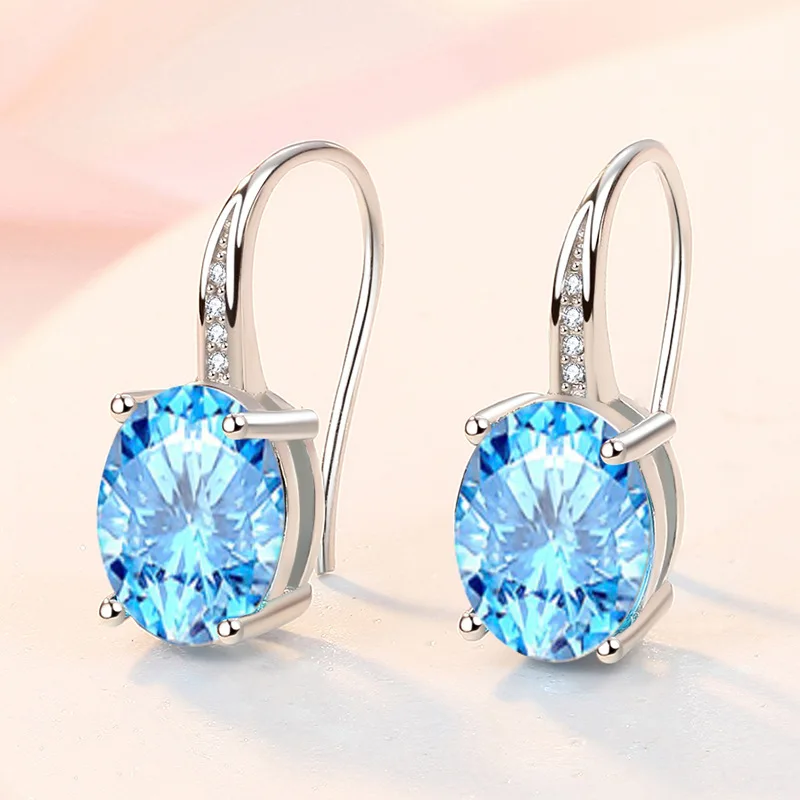 

KOFSAC Women's Elegant Simple Zircon Blue Oval Earrings 925 Sterling Silver Valentine's Day Jewelry Crystal Zircon White Earring