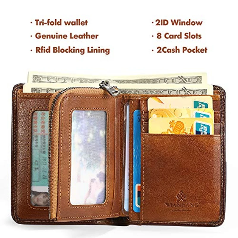 Мужской кошелек ManBang на молнии с RFID-защитой бумажники из натуральной воловьей