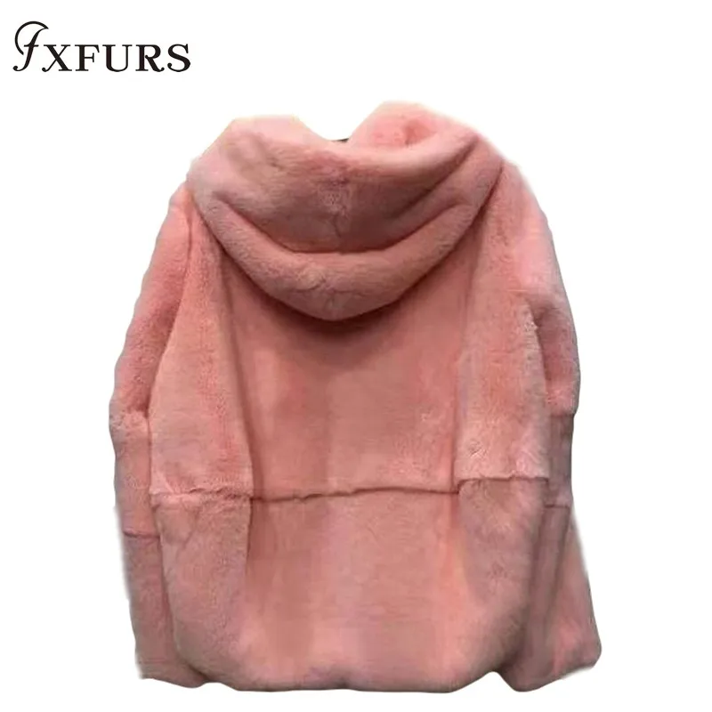 2020 Natural Real Rex Rabbit Fur Coat Whole Skin Fur Clothing Women Winter Hooded Short Jacket Long-sleeved Outerwear Coat Solid