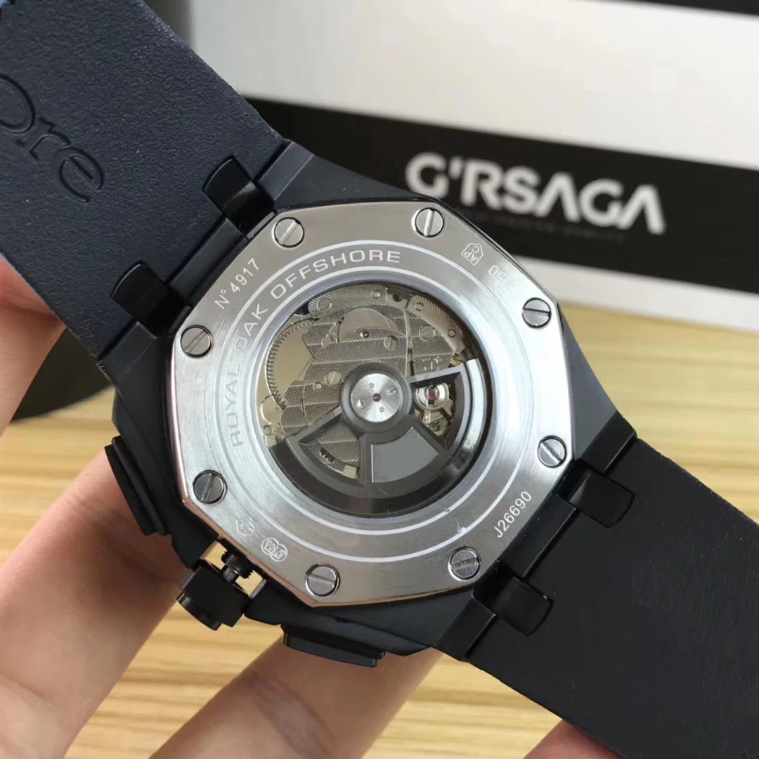 

Classic Men Automatic Mechanical Sapphire Oaks Full Black Gold Navy Blue Rubber Stainless Steel Watch Royal Glass Back AAA+