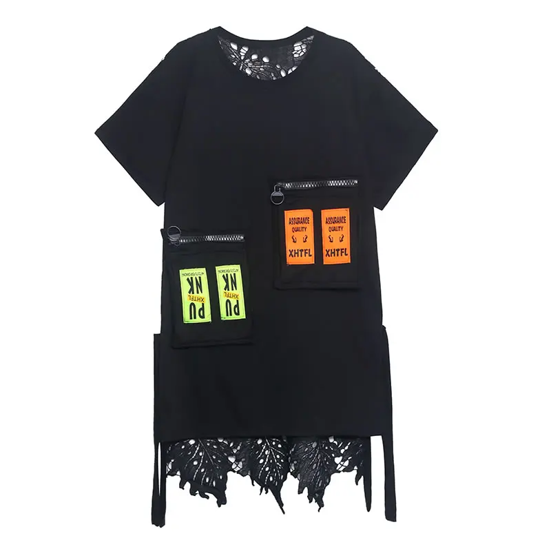 

XITAO Mesh Dress Fashion New Women Pullover Pocket Goddess Fan Casual Style 2021 Summer Minority Loose Hollow Out Dress GCC4476