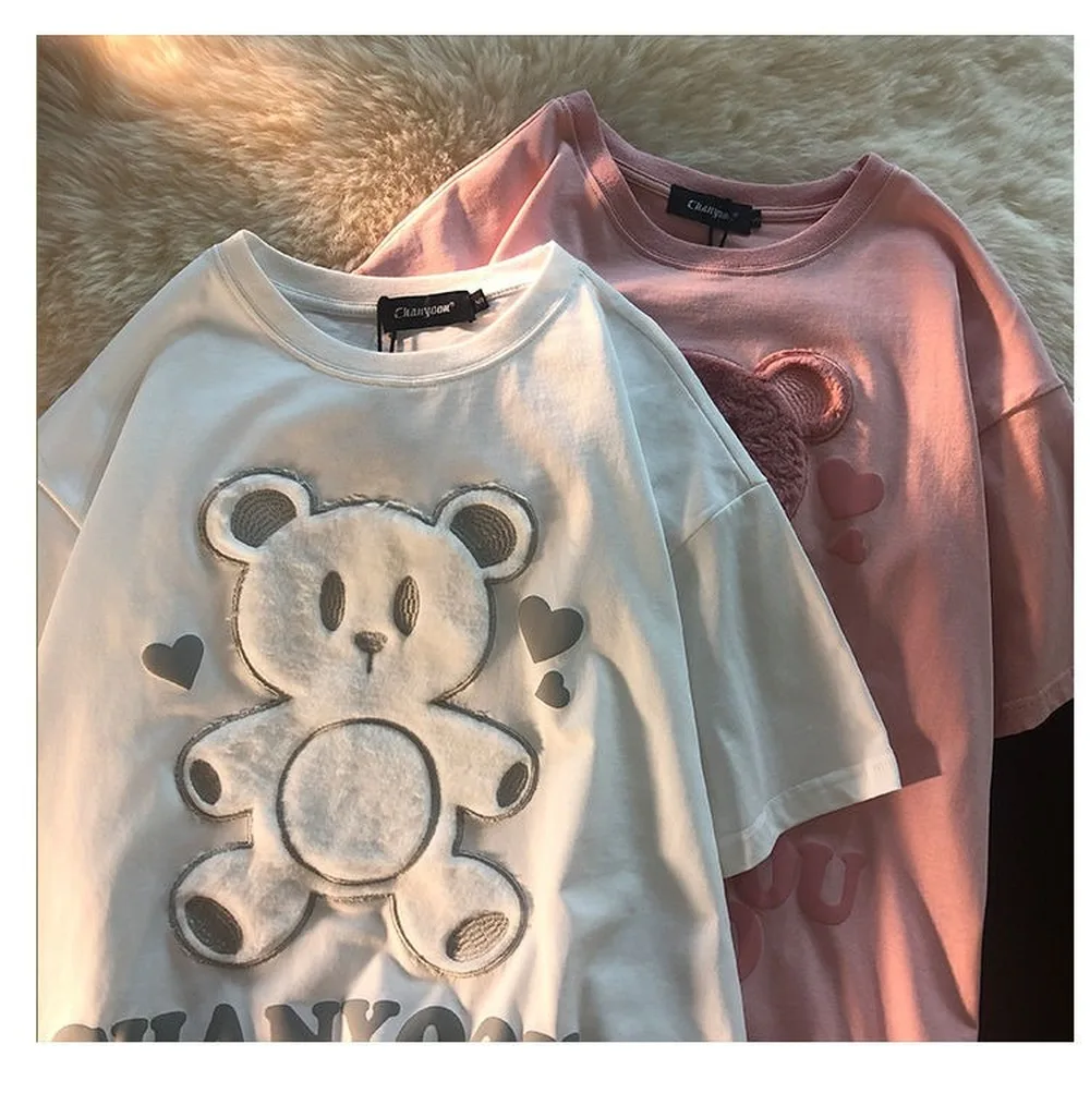 

Luren Oversized T Shirt Cotton Japanese Love Bear Couple Short Sleeve T-shirt Top 2021 Early Spring Loose Shirts for Women