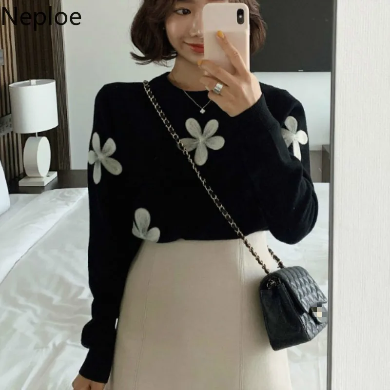 Женский свитер с круглым вырезом и длинным рукавом Neploe Однотонный цветочной