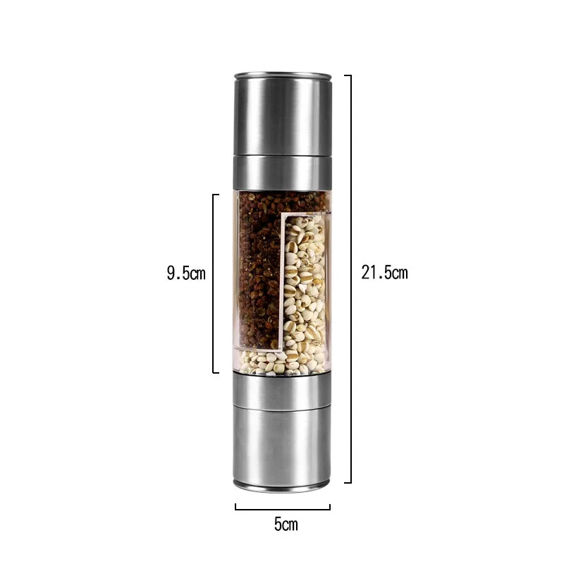 Salt Shakers 2 in 1 Double Head Stainless Steel Manual Pepper Mill Grinder Transparent Barbecue Seasoning Tank Cooking Tool | Дом и сад