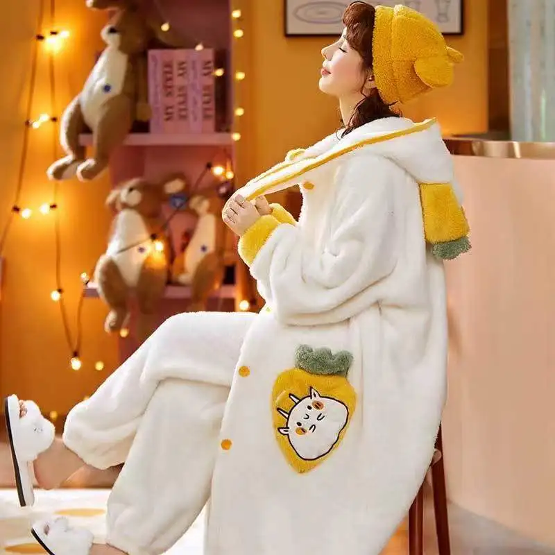 Winter Warm Coral Fleece Pajamas Set Women Thick 2 Piece/Set Long Sleeves Trousers Pyjamas Suit  Soft Nightwear