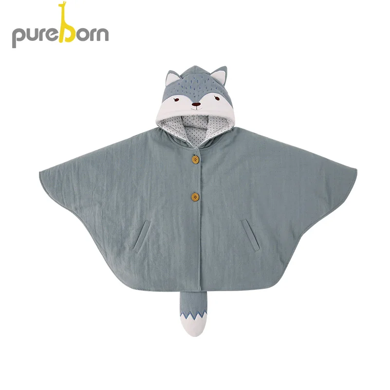 Pureborn/плащ с капюшоном; пальто для малышей; хлопковая накидка; пончо для маленьких девочек и мальчиков; Верхняя одежда с рисунком лисы; куртка; одежда на осень и весну