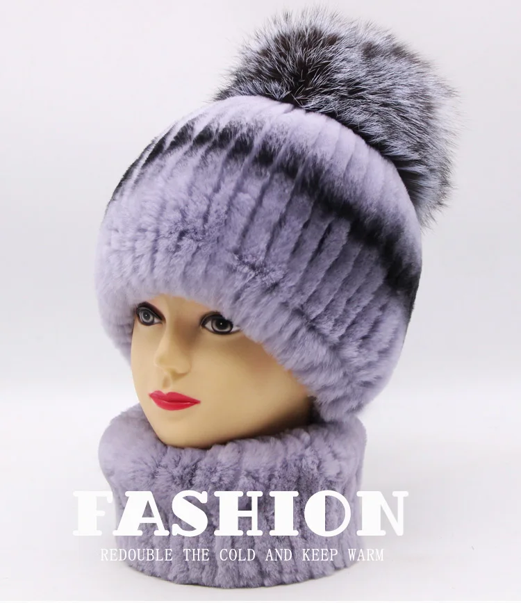 Rex rabbit fur hat female winter fox fur ball thick warm knitted earmuff wool cap