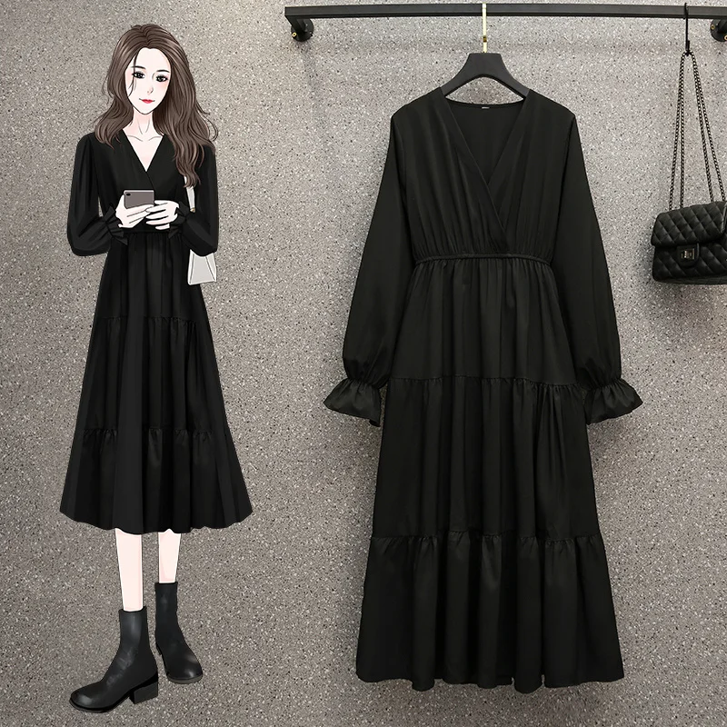 Женское платье с V образным вырезом длинным рукавом и оборками|Женские платья| |