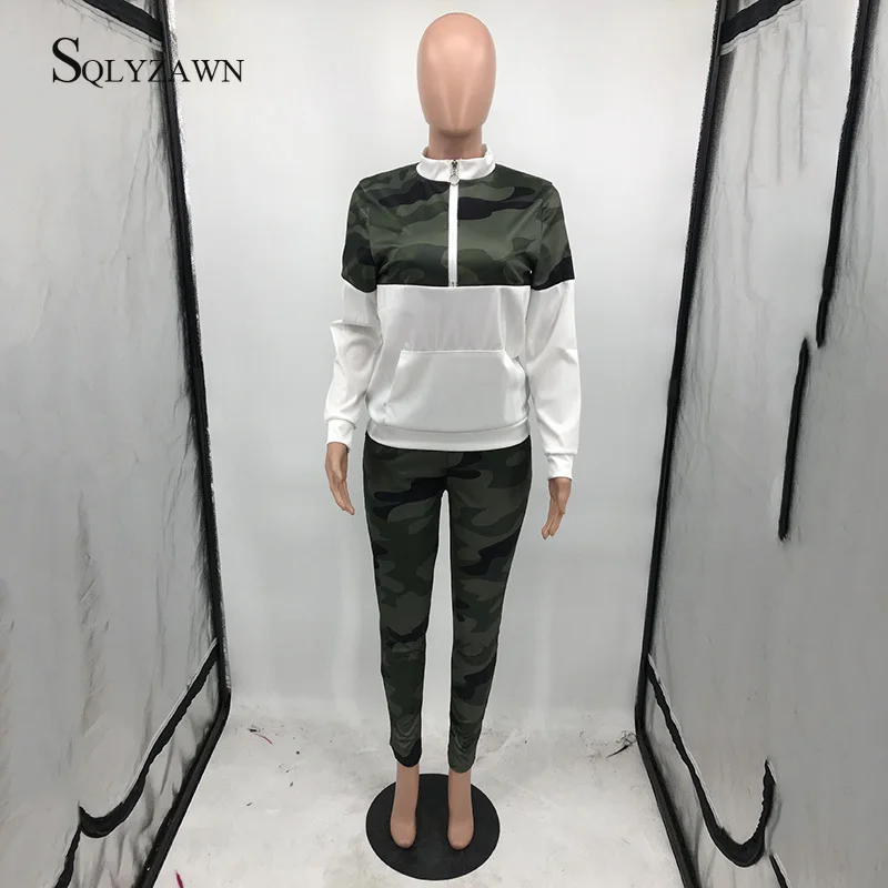 Женский спортивный костюм из двух предметов Белый свитшот с карманом спереди и