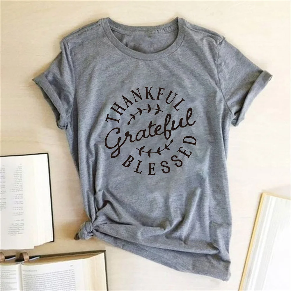 

Women Short Sleeve Harajuku Tee Shirt Femme Thanksgiving Holiday Gift for Girls Boys Thankful Gratefue Blessed Printed T Shirt