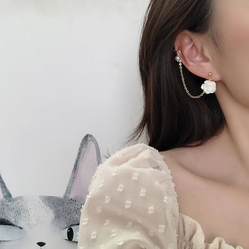 

Asymmetric Ear Cuff Long Chain Tassel White Rose Flower Drop Earrings For Women Korea Creative Clip on Jewelry Female Earcuff
