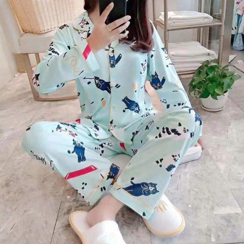 Пижамный комплект Женский на весну и осень новый стиль Повседневный Кардиган со