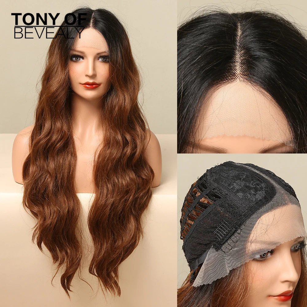 

Long Red Brown Ombre Lace Front Wig Body Wave Lace Front Synthetic Hair Wig for Black Women High Density Transparent Lace Wig