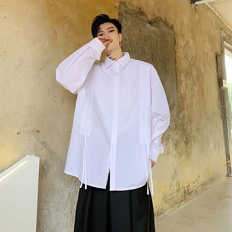 Рубашка мужская плиссированная с длинным рукавом свободная повседневная