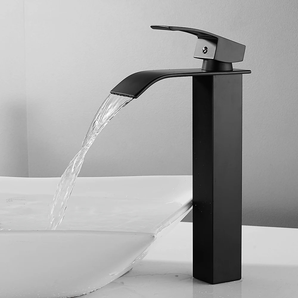Waterfall Tall Basin Faucet Bathroom Sink Taps Mixer Black Spray Square Mono Stainless Steel Body Zinc Alloy Handle | Обустройство