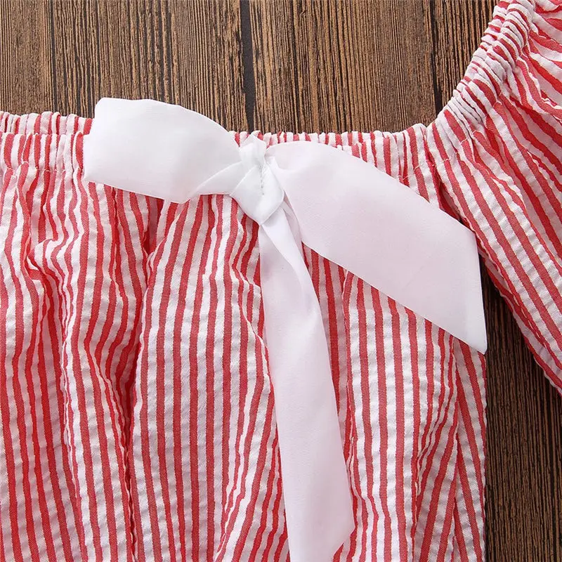 Летний комплект для девочек с бантом розовая полосатая одежда плоским