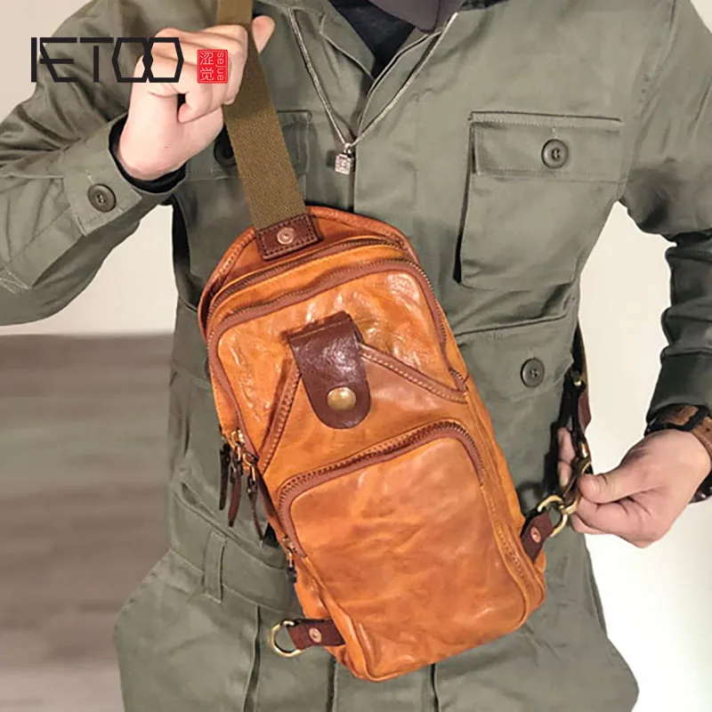 Мужские кожаные сумки ручной работы AETOO модные нагрудные кожаная плиссированная