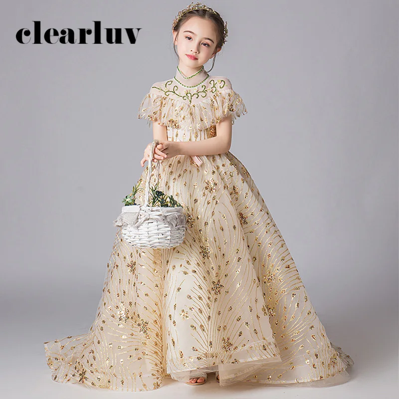 

Свадебные платья для девочек с цветочным рисунком и шлейфом; Цвет Шампань; Платья принцессы с высоким воротником для девочек; Детские плать...